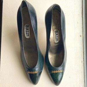 Vintage Dark Green Bally Heels with Gold Toe Embellishment